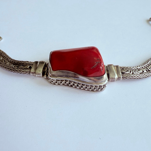 Sarda 30 CT Red Coral Bali 925 Sterling Silver 7.5mm Triple Chain Bracelet - Picture 5 of 12